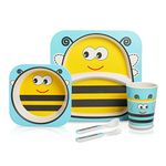 LuvLap Bamboo Baby Tableware, Eco Friendly Bamboo Fiber Dinner Set for Weaning Toddler/Kids, Self Feeding Baby Utensil Set of 5Pcs, 1 X Plate, 1 Xbowl, 1 X Glass, 1 X Spoon, 1 X Fork (Bee) Multicolor