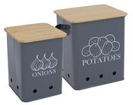 Xbopetda Kitchen Storage Canister Set of 2, Potato Onion Storage Bin with Aerating Tin Storage Holes & Wooden Lid - Kitchen Pantry Organizer Tin Vegetable Fresh Keeper (Gray)