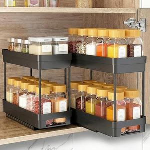 2 Pack Pull Out Spice Rack for Cabinet – 2 Tier Slide Out Cabinet Organizer, Space Saving Spice Rack Organizer for Narrow Cabinets, Smooth Glide Seasoning Storage (Black)