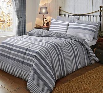 Sleepdown Flannel Stripe Grey Reversible Soft Duvet Cover Quilt Bedding Set with Pillowcase-Single (135cm x 200cm), Cotton