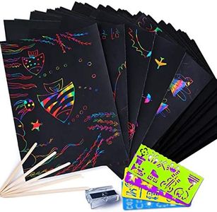 Scratch Paper Art Set, 50 Sheets Rainbow Magic Scratch Art Black Scratch it Off Paper Crafts Notes Drawing Boards Sheet with 10 Wooden Stylus and 4 Stencils for Kids DIY Christmas Birthday Gift Card