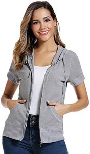 MISS MOLY Women's Short Sleeve Hoodie Full Zip Up Thin Cotton Slim Fit Sweatshirt Kanga Pocket Light Gray S