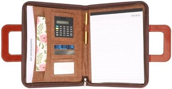 Kurtzy Porte Document d’Affaires en Cuir PU Marron - Conférencier A4 à Fermeture Éclair avec Bloc Notes et Calculatrice - Organisateur pour Documents au Format A4 et plus Petits