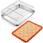 Mini Toaster Oven Pan with Rack & Mat Set, P&P CHEF 9 Inch Stainless Steel Small Toaster Oven Tray with Wire Rack & Silicone Mat for Small Oven & One Person Use, Easy to Clean & Sturdy, 3Pcs, Oblong