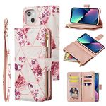 UEEBAI Wallet Case for iPhone 13 6.1 inch, Vintage PU Leather Magnetic Closure Geometric Handbag Zipper Pocket Case Kickstand Card Holder Slots TPU Shockproof Flip Case - Pink Flower