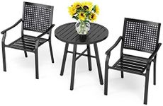 PHI VILLA 3 Piece Outdoor Patio Bistro Dining Set, Slatted Metal Round Table & 2 Stacking Iron Chairs, Outdoor Furniture Set for Porch, Deck, Balcony