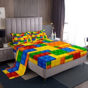 Feelyou Kids Games Bed Sheet Set King Size Color Building Blocks Sheet Set Toy Brick Sheets for Boys Girls Bedroom Nursery Bedding Set with Flat Sheet Fitted Sheet Pillowcase 4Pcs