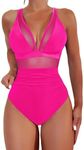 Sexy Mesh Tummy Control Full Coveragel One Piece Bathing Suit for Women, Fuscia, Large