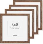 Rustic Wood 8x8 Picture Frame, Solid Oak Wood Frame 8 by 8, 8 x 8 Square Photo Frame with Tempered Real Glass, 8"x8" Picture Frame Matted to 4"x4", Squre Wood Picture Frames, Walnut Color, Set of 4