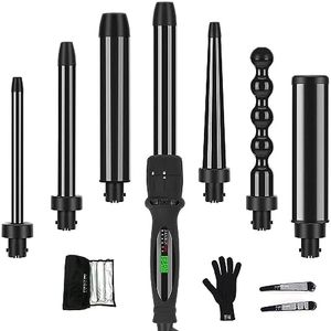 7 In1 Curling Wand Iron Set, PARWIN PRO BEAUTY Hair Curling Wands for Long Short Hair, Hair Curlers Wand with 7 Ceramic Barrels, LCD Display, Heat Resistant Glove, Dual Voltage Good for Travel