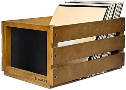 Navaris Boîte de Rangement Vinyle - Range Vinyle 50-80 Disques - Bac Disque Vinyle 42,9 x 34,4 x 22,9 cm - Bac Design Rétro avec Ardoise et Craie