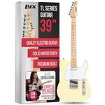 LyxPro 39” Electric Guitar TL Series, Full-Size Paulownia Wood Body, 3-Ply Pickguard, C-Shape Neck, Ashtray Bridge, Quality Gear Tuners, 3-Way Switch & Volume/Tone Controls, 2 Picks Included, White