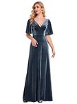 Ever-Pretty Women's V Neck Elegant Floor Length Short Sleeves Vintage Velvet Bridesmaid Dresses Denim Blue 10UK