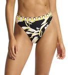 Seafolly Women's Rise Cheeky Coverage Hi Leg Bikini Bottom Swimsuit, Birds of Paradise Black, 12