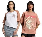 JUNEBERRY® Pure 100% Cotton Oversized Loose Baggy Fit Drop Shoulder Latest Aesthetic & Cool Graphic Prinred Half Sleeve T-Shirts for Women & Girls (PO2_JB_JTEDDY_TMBMB_S)