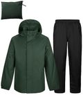 Outdoor Ventures Men's Packable Rain Suit Heavyweight Rainwear Waterproof Jacket and Trouser Set for Riding Hiking Fishing Camping Dark Green/Black S