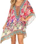 Sakkas 1825 - Aymee Women's Caftan Poncho Cover up V Neck Top Lace up with Rhinestone - IM101-Multi - OS