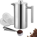 Wrobic Cafetiere French Press Small 350ml/12oz, Cafetiere Stainless Steel Double-Wall Metal Insulated Coffee Press, 3 Level Filtration System with 3 Extra Filter Screens, (1cup)