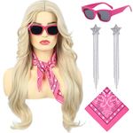 Bettecos Long Blonde Cosplay Wig for Women with Bandana Sunglasses and Earrings Middle Part Blond Wavy Synthetic Hair Wigs for Women’s Cowgirl Costume Halloween Party Daily Wear