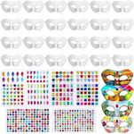 Leyndo 24 Pack Paper Mache Mask and Gem Stickers Blank Masks to Decorate Self Adhesive Jewels Stickers Half Face Art White Craft Masks for Cosplay