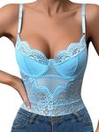 popiv Women Lace Lingerie Bodysuit Sexy One Piece Mesh Teddy Lingerie Snap Crotch Tops, Blue-underwire, Medium