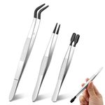 Tweezers with Rubber Tips, 3 Pcs Stainless Steel Industrial Tweezers Tools, Rubber Coated Tweezers for Crafts, Jewelry Making, Lab, Stamp, Coins (Black)