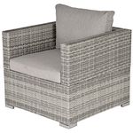 Outsunny Single Seater Rattan Chair Sofa with Padded Cushions, All-Weather PE Wicker Weave Garden Armchair with Armrests, Grey