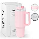 FECBK 40 oz Tumbler with Handle and Straw Lid, 100% Leak-Proof Travel Mug, Stainless Steel Double Wall Vacuum Insulated Coffee Cup Keeps Cold for 34 Hours, Dishwasher Safe, Light Pink