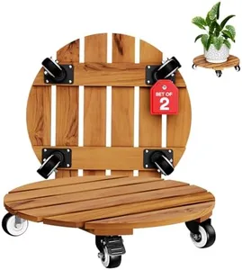 Idzo 2-Pack 14 Inch Acacia Wood Rolling Round Plant Caddy for Plant Pots, Heavy Duty Plant Stand with 360° Lockable Wheels, 264 lbs Capacity Caddy for Indoor and Outdoor Use, Natural Wood