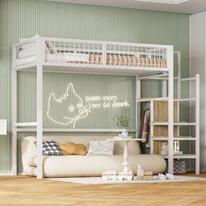 Moimhear Cama Alta 90 x 200 cm de Hierro con Escalera, Cuna con Marco de Hierro y Estante de Almacenamiento, Armario (Blanco)