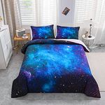 Galaxy Bedding Set Double, Girls Boys Kids Teen Comforter Cover, Outer Space Duvet Cover Galaxy Stars in Space Celestial Astronomic Planets, Decorative Bedclothes Blue Purple