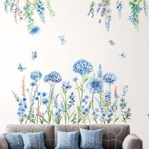 Amimagen Blue Flowers Wall Stickers - Wildflower Butterflies Grass Floral Wall Stickers - Girls Bedroom Living Room Sofa TV Background Home Wall Decor