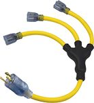 Clear Power 2ft 3 Outlet Generator Extension Cord Adapter with W Splitter, Lighted Ends, 30Amp 3 Prong Twist Lock Plug, Oil, Water & Weather Resistant Flame Retardant, Yellow, DCOC-0136-DC