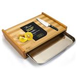 Bmado Homefull Wooden Cutting Board with Tray - Large Bamboo Chopping Board with Stainless Steel Pull Out Sliding Drawer Pan Tray Container(35 x 25 x 5 cm)