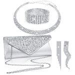 4 Pieces Silver Clutch Purses Bag for Women Evening Rhinestone Jewelry Set Bling Necklace Earrings Bracelets Set for Wedding (Trendy Style)