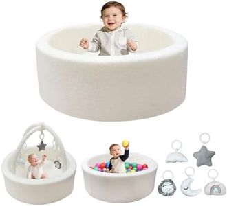 MEOGETY Baby Ball Pit with 5 Hanging Toys & Removable Play Arch for Toddlers Soft Foam Activity Center for Girls Boys Great Gift, Easy to Assemble & Clean, Teddy White