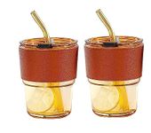 KELVEE Iced Coffee Mug 400ML with Straw and Lid Pack of 2 Glass Mug with Protective Leather Sleeve Thick Wall Insulated Glass Suitable for Juice Coffee Milk Chilled Hot Drinks (Golden - 2)