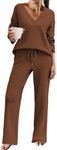 Ekouaer Pajamas for Women 2 Piece Lounge Set Fuzzy Fleece Long Sleeve Pullover Sweater Top Wide Leg Pants Set Outfits Brown，Small