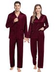 SWOMOG Matching Family Pajamas Men Silk Satin Pjs Set 2 Pcs Long Sleeve Button Down Couple Sleepwear with 2 Pockets, Deep Wine Red Medium