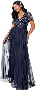Maya Deluxe Vestido Mujer, Dama de Honor, Cuello En V, Manga Corta, Largo, Elegante, Cintura Imperio, Azul Marino, 44