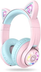 iClever Kids Headphones Wireless Cat Ear, LED Lights Up, 74/85/94dB Volume Limited, 50H Playtime,Bluetooth 5.2, USB C, Kids Headphones Wireless Over Ear for Travel iPad Tablet, Meow Macaron-Pink