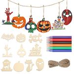 DERAYEE 20PCS Halloween Wooden Ornaments, Unfinished Wood Cutouts Kit Wooden Slices Hanging Crafts for Kids Halloween Decoration DIY Supplies