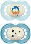 MAM Original Night Soother 16+ Months (Pack of 2), Sustainable Baby Soother, SkinSoft Silicone Teat, Glow in the Dark Soother, Blue (Designs May Vary)