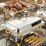 ALSO GO Chafing Dish Buffet Set 9QT 4 Pack, Gold Chafing Dishes for Buffet with 4 Serving Tongs, Buffet Set Full Size Large Serving Chafing Dishes, Warming Food Tray for Catering & New Year Parties