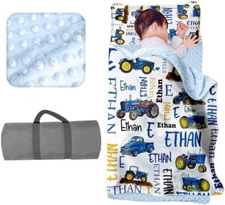 Personalized Toddler Nap Mat for Daycare Cot Bedding - Baby Kids Nap Mats with Pillow Blanket Preschool Kindergarten Children Sleeping Bag with Custom Name Easy Carry Blue Cars