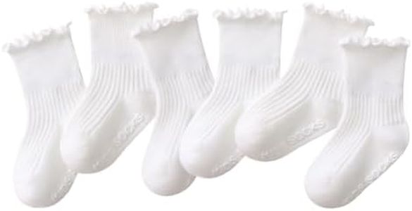WATOCHE Baby Toddler Girls Ruffle Socks with Grips Girl's White Frilly Dress Baby Anti-slip Grippy Socks(Nonslip White-6 Pairs,3-5T)