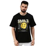 Veirdo® Pure Cotton Oversized Loose Baggy Fit Drop Shoulder Round Neck Half Sleeve Cool Smile Graphic Printed Black Unisex T-Shirt for Men & Boys