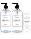 Vine Creations Clear Glass Soap Dispenser 2 Pack, Thick 16oz Glass Bottles with Rustproof Pump, Modern Kitchen Bathroom Decor, Hand Soap and Dish Soap Dispenser Jar, with Waterproof Labels (Clear)