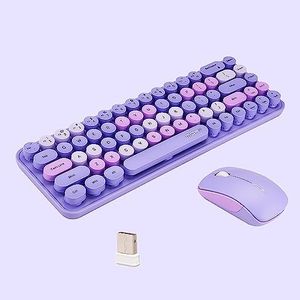 Compact Colorful Wireless Keyboard and Mouse Combo, Soundless 68 Round Keys, Suitable for Girls and Kids, Compatible with Notebook, PC (Purple)