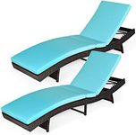 COSTWAY Set of 2 Patio PE Rattan Lounge Chairs, Folding Outdoor Chaise Lounge with 5-Gear Adjustable Backrest & Soft Cushion